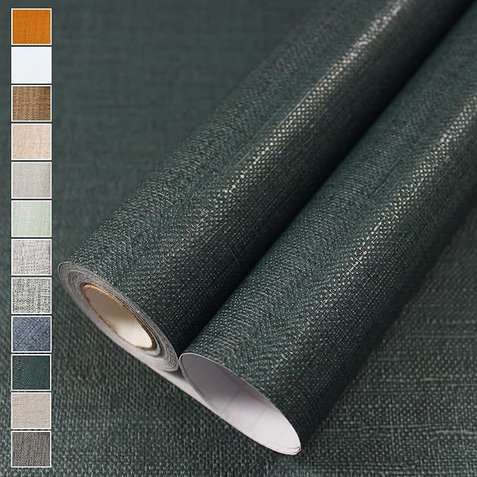 WADILE Grasscloth Peel and Stick Wallpaper 23.6in x 236in, Textured Contact Paper for Cabinets, Faux Linen Wall Paper Pull and Stick, Fabric Vinyl Wallpaper Self Adhesive Blackish Green | Textured contact paper, Faux linen, Vinyl material, Cabinets, Se... by WADILE