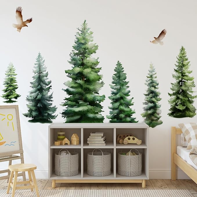 Watercolor Pine Trees Wall Decal, Peel and Stick Forest Decals Mural, Wilderness Wall Art Stickers for Kids, Boys and Girls Room, Bedroom & Toddler Room Decor (Christmas Woodland Wall Decal 88) - Image 3