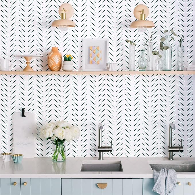 Orainege Green Peel and Stick Wallpaper Herringbone Contact Paper | 17.7 in x 196.8 in Modern Geometric Removable Wallpaper Peel and Stick Green and White Chevron Decorative Self Adhesive - Image 5