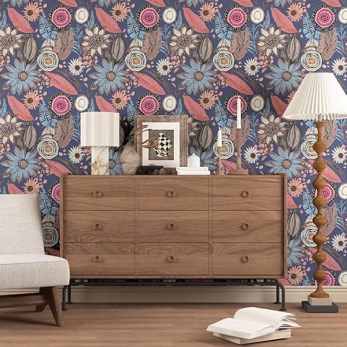Laatse Boho Wallpaper Peel and Stick 17.5"x393", Blue Pink Contact Paper | Self Adhesive/Removable/Waterproof/Thick Vinyl Wall Paper for Bathroom Bedroom Shelf Cabinet Drawer,Prepasted,Easy Peel - Image 5