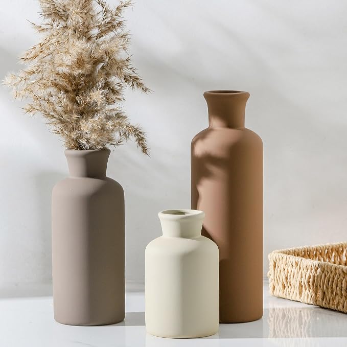 Ceramic Vase Set of 3, Flowers Neutral Modern Vases Home Decor Rustic Farmhouse Decor Pampas Vase for Table Mantel Entryway Shelf Living Room Kitchen Bathroom - Brown - Image 8