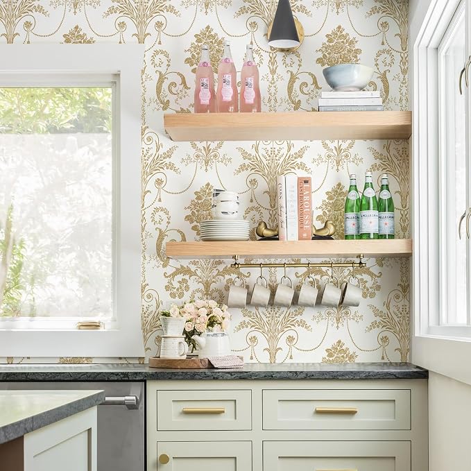 Damask Floral Peel and Stick Wallpaper Removable Gold Flowers Contact Paper | 17.3" X 118" Gold and White Damascus Wallpaper Boho Self Adhesive Decorative Wallpaper for Bedroom Accent Wall DIY Vinyl Roll - Image 4