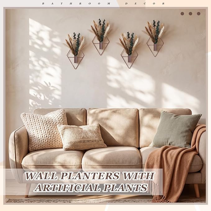 Jexine 4 Pcs Hanging Artificial Planters Wall Decor, Bronze, Pampas | Bathroom Wall Decor, Geometric Metal Vase, Indoor Plants, Living Room, Home Office, Entryway, Boho Accent, Wall Mounted - Image 4
