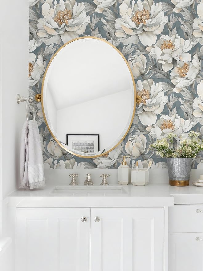 Safiyya Peel and Stick Wallpaper Grey and White Floral Contact Paper Peel and Stick 17.3"x 197" Wall Paper Self Adhesive Removable Wallpaper for Bedroom Bathroom Vinyl Roll - Image 2