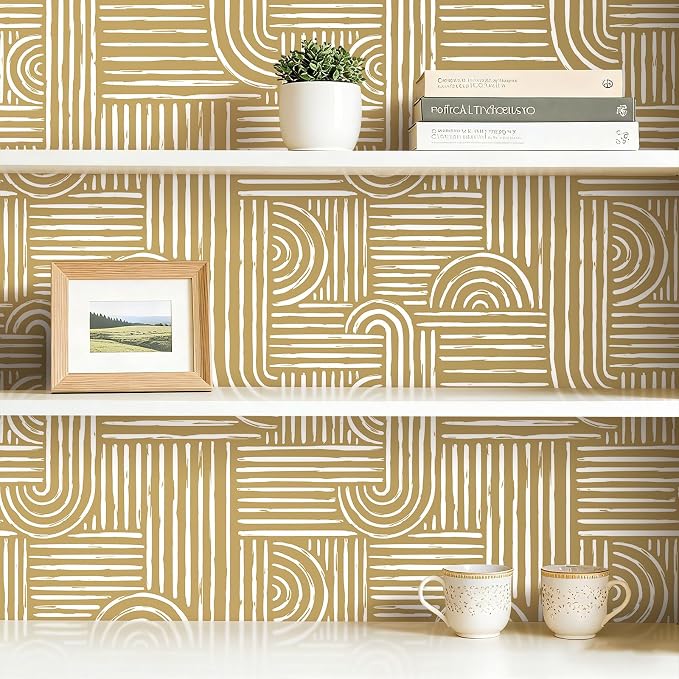 Livelynine 17.5x276 Abstract Modern Wallpaper Peel and Stick Mid Century Modern Geometric Wallpaper for Bathroom Cubicle Bedroom Accent Wall White Gold Contact Paper Drawers Cabinets Renter Friendly - Image 4