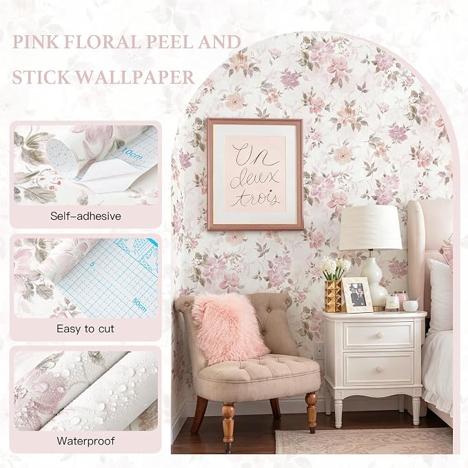 Floral Peel and Stick Wallpaper Pink Wall Paper Vintage Farmhouse Contact Paper Slef Adhesive Removable Wallpaper Watercolor Vinyl Waterproof for Living Room Bedroom Kitchen Bathroom 17.3"×197" - Image 5