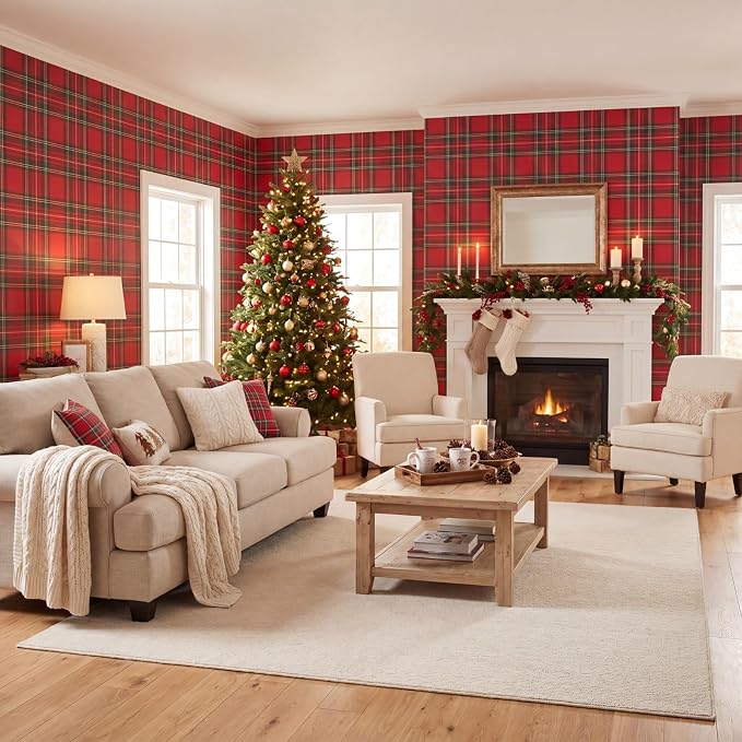 Drydiet Tartan Plaid Wallpaper Peel Stick Contact Paper 15.8 x 118.1 | Self Adhesive, Red and Green Plaid Plaid Design, Easy Apply Remove, for Home Locker Dorm Classroom Living Room Decor - Image 4