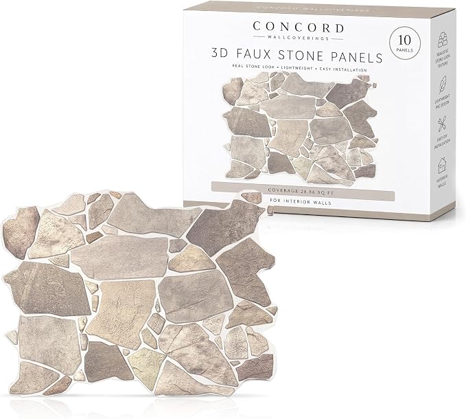3D Faux Stone Wall Panels, Wild Boulder, Pack of 10, Covers 28.86 Sq Ft | Grey, Beige & Brown, Lightweight PVC, 17.5" x 23.75" (44.5 x 60.3 cm), Decorative Rock Cladding for Accent Wall & Backsplash by ConcordWallcoverings