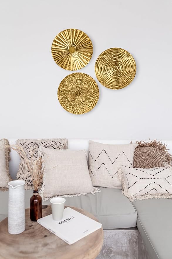 Briful 12" Gold Wall Décor Pack of 3 Metal Starbursts Radial Plate Wall Art Modern Accent Hanging Wall Decorations For Home Office Bedroom Or Living Room Wall Sculptures - Image 6