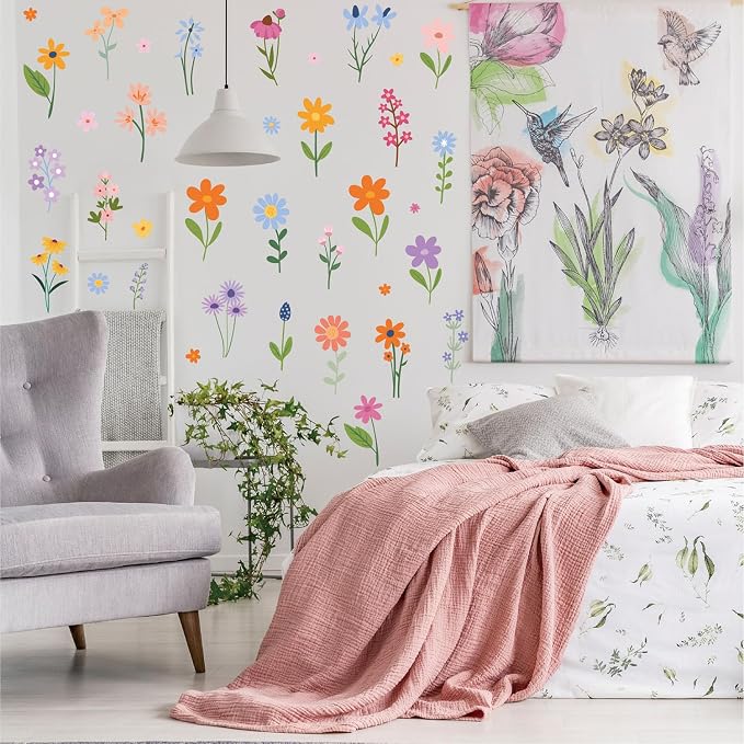 Wildflower Wall Stickers, Colorful Flowers Wall Stickers Peel and Stick, Boho Floral Wall Decals with Wildflower, 8 Sheets of 102 Pieces,Wall Art Decor for Bedroom Nursery Living Room (Wildflower3) - Image 2