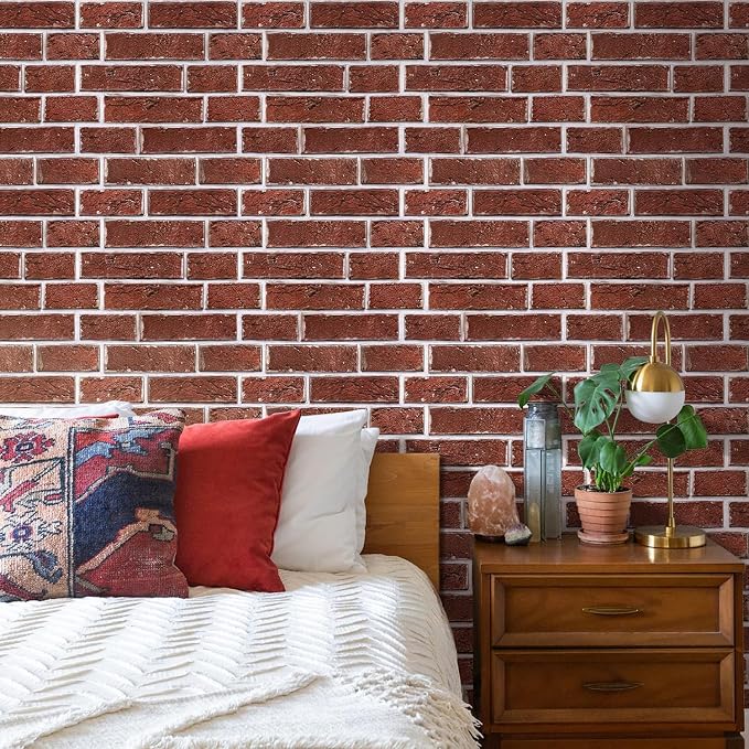 Commomy Faux Brick Panels Peel and Stick Wall Stickers 10 Pcs 11.8" x 11.8" | Small Size Thin PVC Red Fake 3D Brick Wallpaper for Kitchen,Fireplace,Home Office,Wall Covering Decor(Covers 9.7 sq.ft) - Image 8