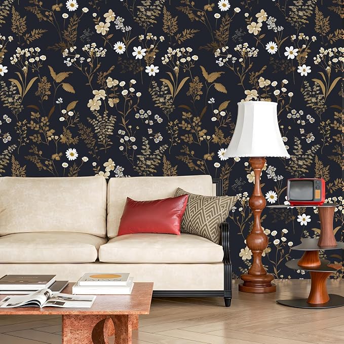 Laatse Floral Leaf Vintage Wallpaper Peel and Stick 17.5" x 118", Dark Gold | Self Adhesive/Removable/Waterproof/Thick Vinyl Contact Paper for Bathroom Bedroom Shelf Cabinet Drawer,Prepasted,Easy Peel - Image 2