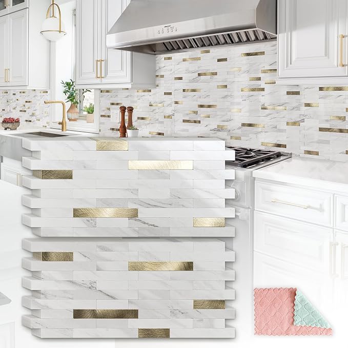 StyloVue 20 Sheets Peel and Stick Backsplash for Kitchen, Sparkle White Marble Look with Gold Metal, Glossy Finish, Stick on Tile for Kitchen Backsplash, RV, Fireplace by StyloVue