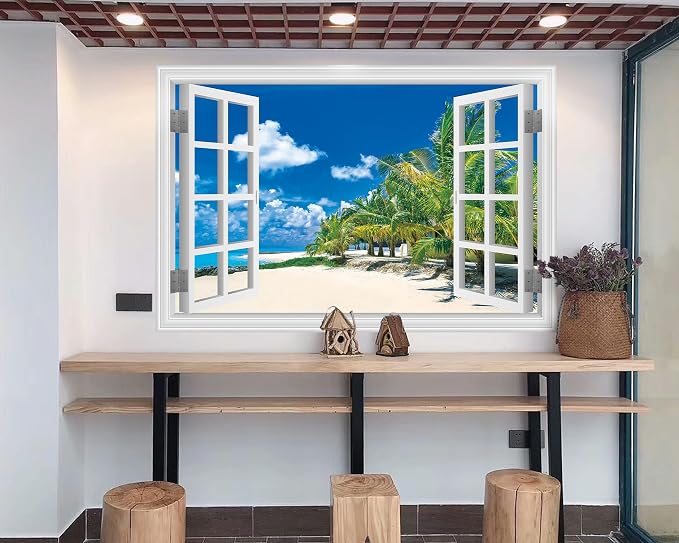 FLFK Fake Window Wall Sticker, White Frame Tropical Beach Scene, Peel and Stick Removable Wall Decal, Paradise Ocean View with Palm Trees, 48 x 32 Inches, Modern Style, Indoor Use - Image 3