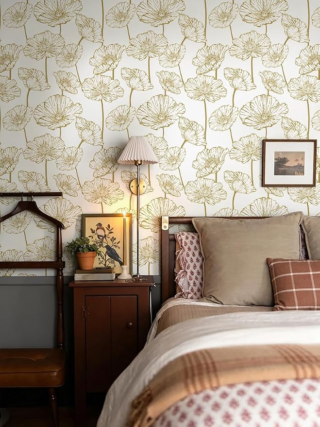 Orainege Floral Peel and Stick Wallpaper Self Adhesive Contact Paper | 17.3inx196.8in Gold and Beige Wallpaper Removable Decorative Wallpapers for Bedroom Bathroom Cabinets Decor Vinyl - Image 6