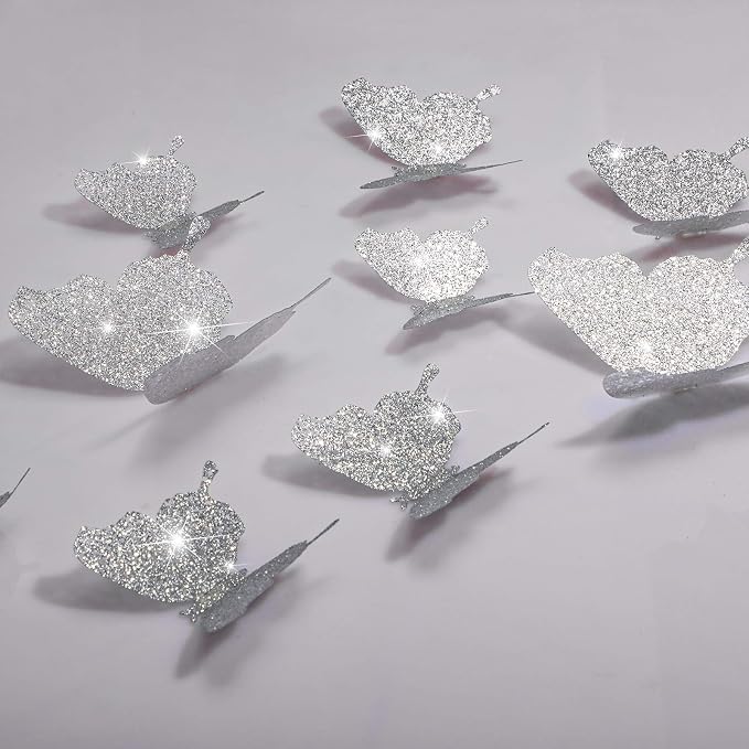 BBTO 48 Pcs 3D Butterfly Mirror Wall Decor,Glitter Silver | Butterfly Stickers,3 Sizes,for Birthday Party Cake,Room Nursery Bathroom Wall Decor,Removable Peel Stick,Reflective - Image 4