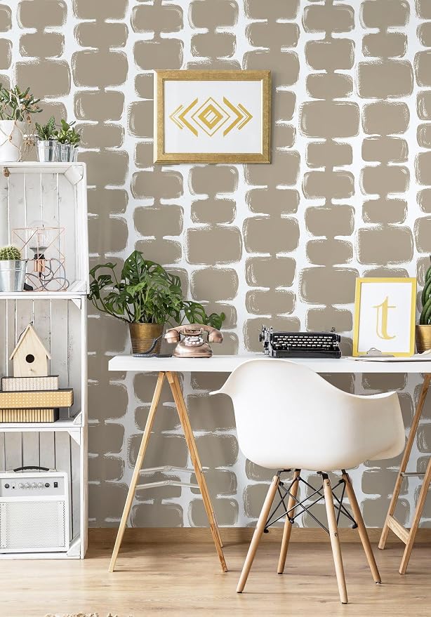 Safiyya Peel and Stick Wallpaper Mid Century Modern Abstract Contact Paper Geometric Wall Paper Self Adhesive Removable Wallpaper for Bathroom and Bedroom Vinyl 17.3"x78.7" Light Brown and White - Image 3