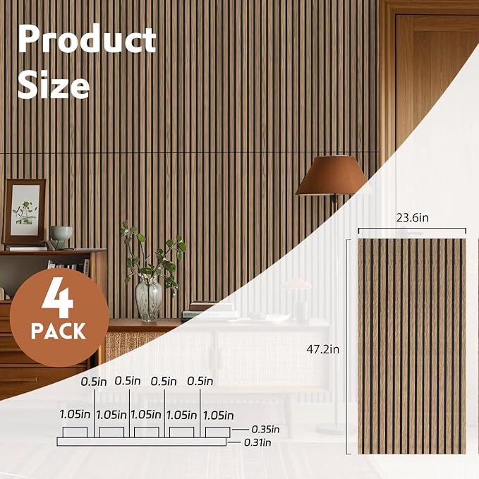 RITOLLO 4 Pack Wood Panels for Wall, 47.2"×23.6"×0.7" Wood Slat Acoustic Panels for Wall, Soundproof Panels, 3D Fluted Panels for Interior Wall Decor (Natural Walnut) - Image 2