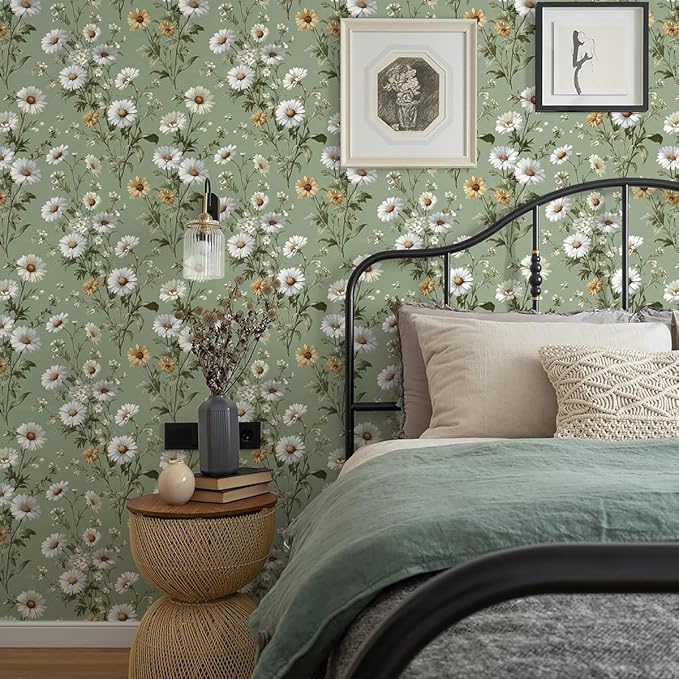Livebor Floral Peel and Stick Wallpaper Green Wallpaper 16.9in x393.7in | Daisy Floral Contact Paper Flower Wallpaper Peel and Stick Modern Self Adhesive Removable Wall Paper for Bedroom Vinyl - Image 2