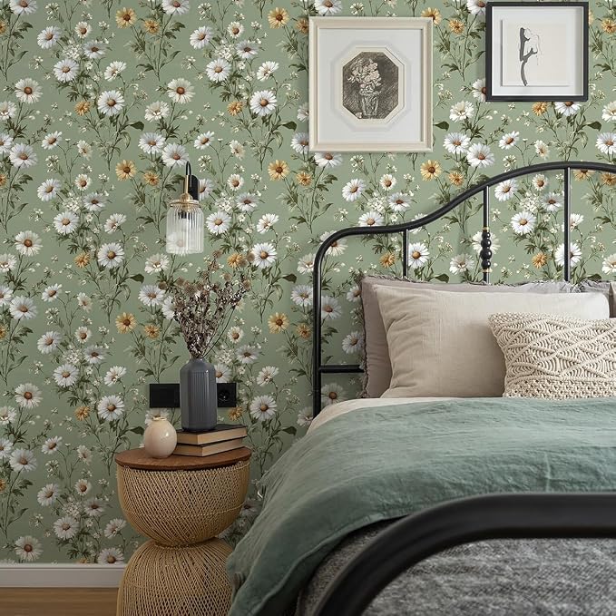 Livebor Floral Peel and Stick Wallpaper Green Wallpaper 16.9in x196.8in | Daisy Floral Contact Paper Flower Wallpaper Peel and Stick Modern Self Adhesive Removable Wall Paper for Bedroom Vinyl - Image 2