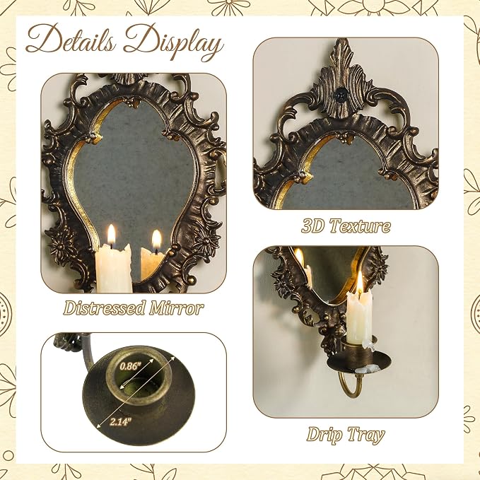 SOFFEE DESIGN Set of 2 Antique Gold Wall Sconces, Vintage Candle Holder with Distressed Mirror & Ornate Frame, for Taper Candles in Bedroom Hallway Decor - Image 5