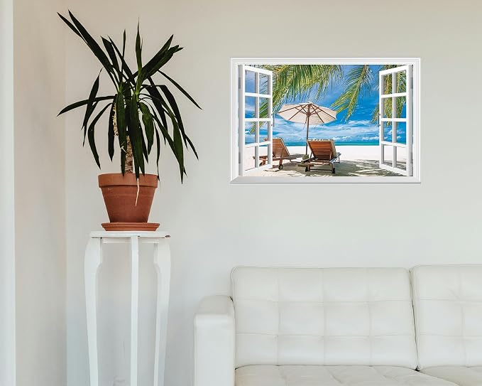 FLFK Fake Window Wall Decal - Ocean Beach Faux Window Wall Mural for Wall Decor, Peel and Stick Wall Sticker,24"x16" - Image 6
