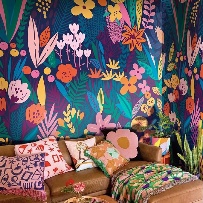 Moody Blue Botanical Peel and Stick Wall Mural for Bedroom | 92"x125", Large Dark Background Floral Wallpaper, Removable Leather Textured & Water-Resistant, Hallway Old Wall Makeover by Flortlias