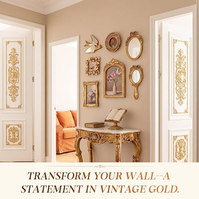 Novabright 8 Pcs Vintage Gold Picture Frame Wall Mirror Decor Set for Gallery, Small Antique Gold Mirror Luxury Ornate Pohot Frames for Wall Table Display(Farmhouse) - Image 4