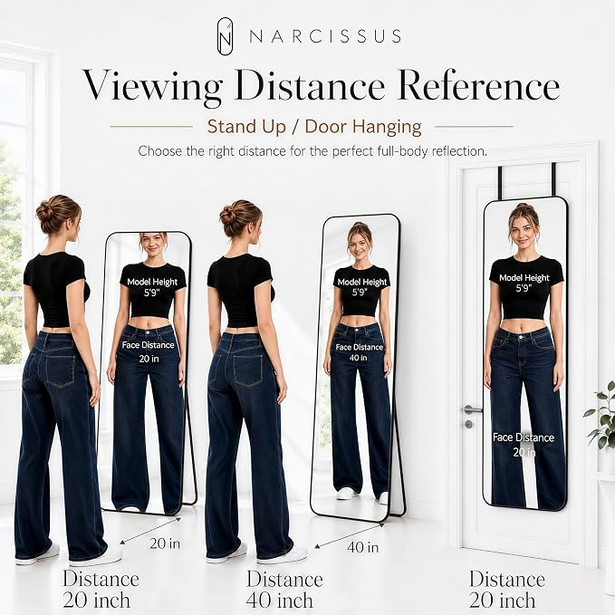 NARCISSUS Full Length Mirror 57x20 Inch, Over The Door Mirror with Stand, Wall Mounted or Freestanding/Door Hanging Full Body, Aluminum Alloy Frame, Black - Image 6