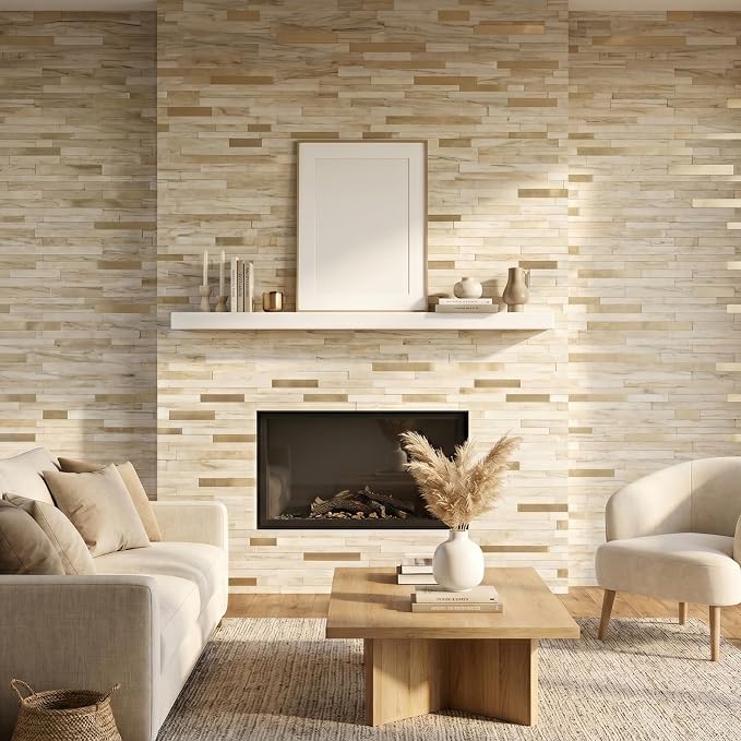 Yipscazo 10 Sheets Peel and Stick Stone Metal Tile Backsplash, Stick on Tiles for Backsplash Kitchen, Bathroom, Laundry Room, Camper, Fireplace (12'' X 12'', Beige Stone with Gold) - Image 6