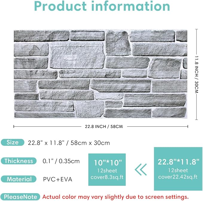 Commomy Faux Stone 3D Wall Panels Peel and Stick - 12 pcs 22.8" x 11.8" | Thin & Urltra PVC Fake Stone Textured Wall Panels for Interior Tile Bedroom,Living Room,TV Background (Covers 22.48 sq.ft) - Image 7