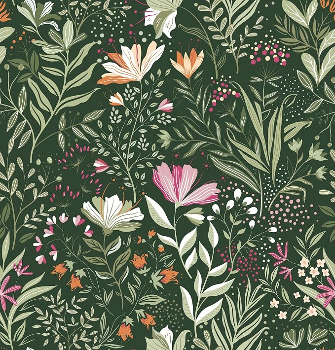 Fititem Green Floral Peel and Stick Wallpaper Boho Dark Vintage 17.3”×787” | Floral Self Adhesive Contact Paper Botanical Nature Removable Wildflower Wallpaper Waterproof Wallpaper for Bathroom Bedroom by Fititem__FitYourHome