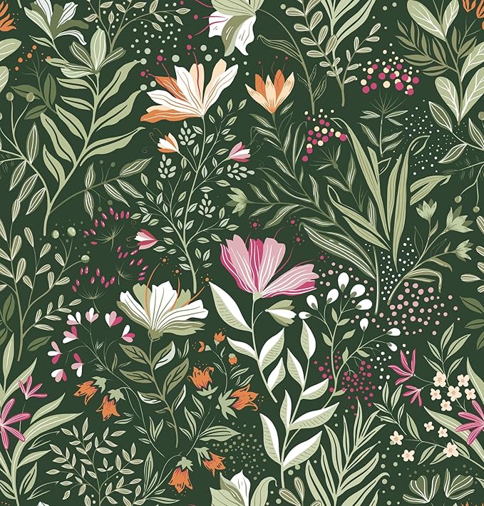 Fititem Green Floral Peel and Stick Wallpaper Boho Dark Vintage 17.3”×197” | Floral Self Adhesive Contact Paper Botanical Nature Removable Wildflower Wallpaper Waterproof Wallpaper for Bathroom Bedroom by Fititem__FitYourHome