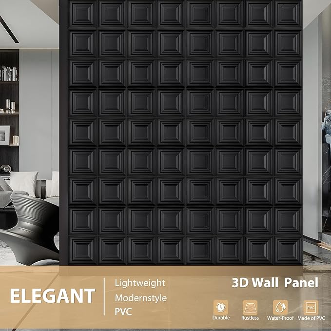 Heikki 30 Pack 3D Wall Panel for Interior Wall Décor, PVC Flower Textured Wall Panels for Living Room Bedroom Hotel Office, 11.8"x11.8", Double-Sided Tape (Black-HZX) - Image 2