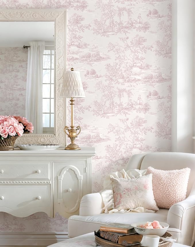 Toduso Peel and Stick Wallpaper Vintage Wallpaper Pink Removable Wall Paper Toile Self-Adhesive Waterproof Tree Contact Paper for Bedroom Living Room Cabinets Decoration Thicken Vinyl 17.3" x 78.7" - Image 2