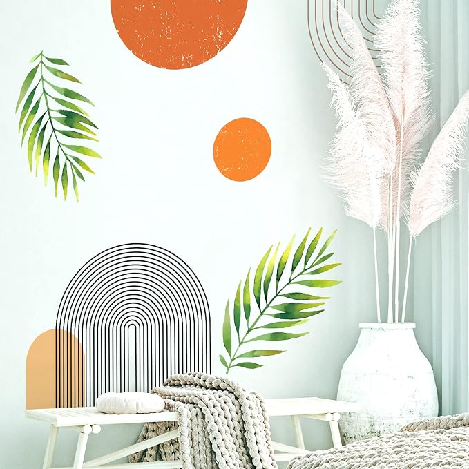 Boho Mid-Century Modern Wall Decals Peel and Stick, Large Archs Sun Vinyl Wall Stickers, Removable Leaves Plants Home Decor Art for Bedroom Living Room Classroom Office - Image 9