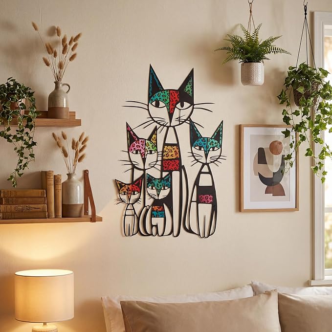 Wesiti Cat Metal Wall Art, 5 Cats Leopard Print Sculpture 10.6"x15.7" | Colorful Mid Century Design for Feline Lovers, Iron Sculptures, Home Living Room Bedroom Kitchen Office Hanging Accent - Image 3