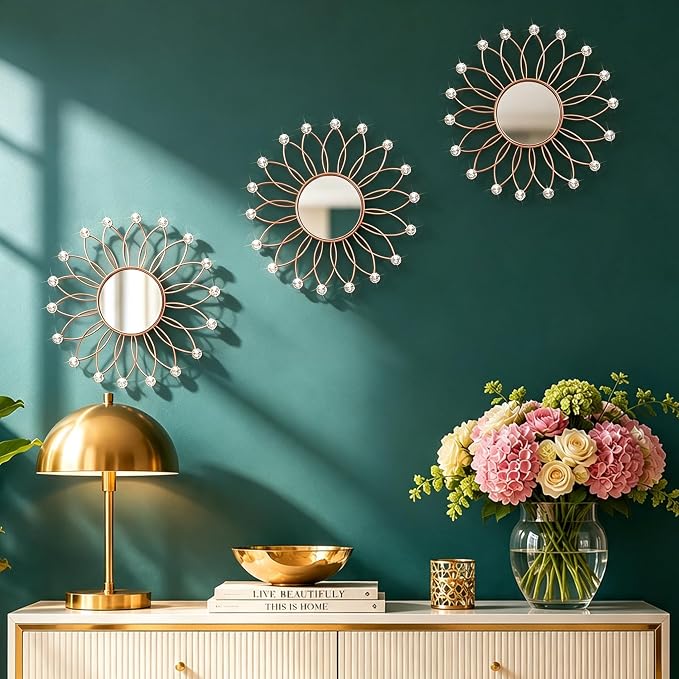 3 Pack Metal Mirrors for Wall Sunburst Wall Mirrors Home Décor Decorative Hanging Wall Art for Living Room Bedroom Entryway (Rose Gold2 Crystal, Flowers) - Image 4