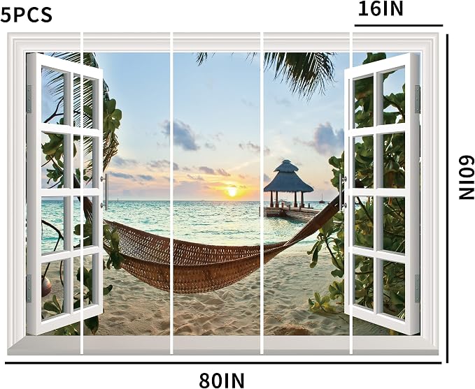 FLFK Fake Window Wall Sticker - Sunset Beach Faux Window Wall Mural for Wall Decor, Stick and Peel Wall Decals,80"x60",Set of 5 Sheets - Image 4