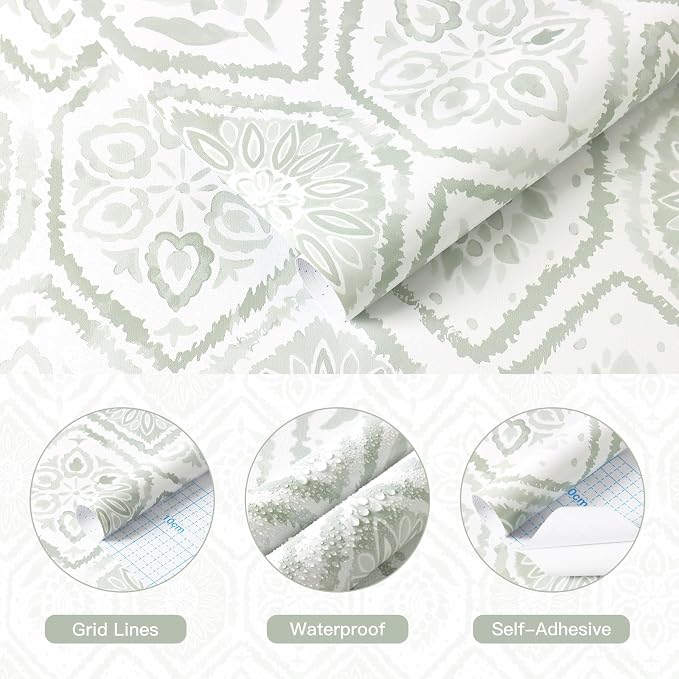 HeloHo Peel and Stick Wallpaper Green Contact Paper Boho Wall Paper Modern Geometric Removable Self Adhesive Wallpapers for Bedroom Bathroom Cabinet Waterproof Decor Vinyl Rolls 78.8" X 17.3" - Image 5