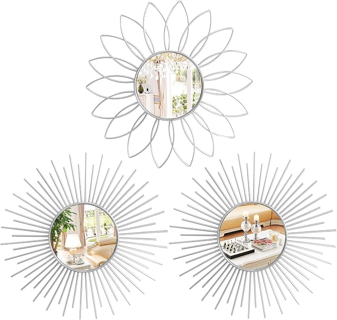 3 Pack Metal Mirrors for Wall Sunburst Wall Mirrors Home Décor Decorative Hanging Wall Art for Living Room Bedroom Entryway (Silver2, Flower+Sunburst) by Uaussi