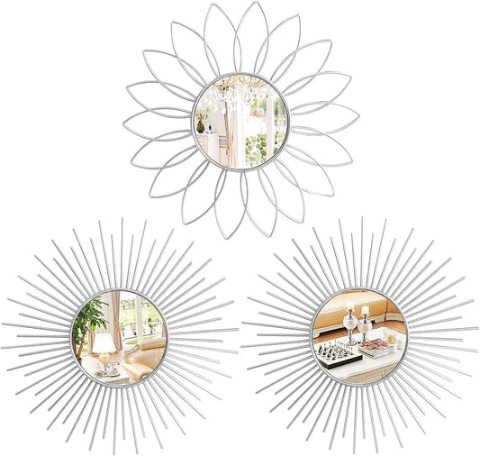 3 Pack Metal Mirrors for Wall Sunburst Wall Mirrors Home Décor Decorative Hanging Wall Art for Living Room Bedroom Entryway (Silver2, Flower+Sunburst) by Uaussi