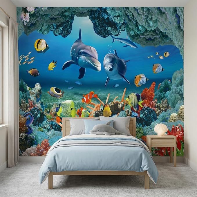 MFWFM Ocean Wallpaper Peel and Stick Underwater 3D Dolphin Wall Murals | 137"x96", for Bedroom Living Room Bathroom, Self Adhesive Canvas by MFWFM