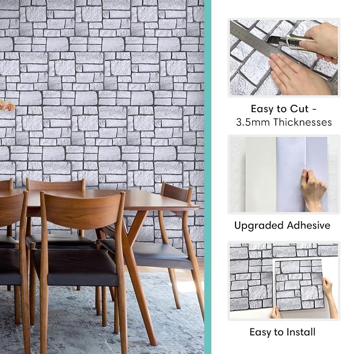 Commomy 3D Faux Stone Wall Panels Peel and Stick 10 Pcs 11.8" x 11.8" | Ultralight Thin PVC Fake Rock Wallpaper DIY Wall Covering Decorative Tiles for Kitchen Backsplash,Bedroom (Covers 9.7 sq.ft) - Image 5