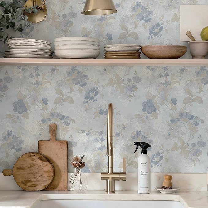 Ismoon Vintage Wallpaper Floral Peel and Stick Wallpaper 17.3in x6.56ft Blue Country Retro Flower Wall Paper Texture Removable Stick on Wall Paper for Bathroom Cabinets Countertops Self-Adhesive Vinyl - Image 2