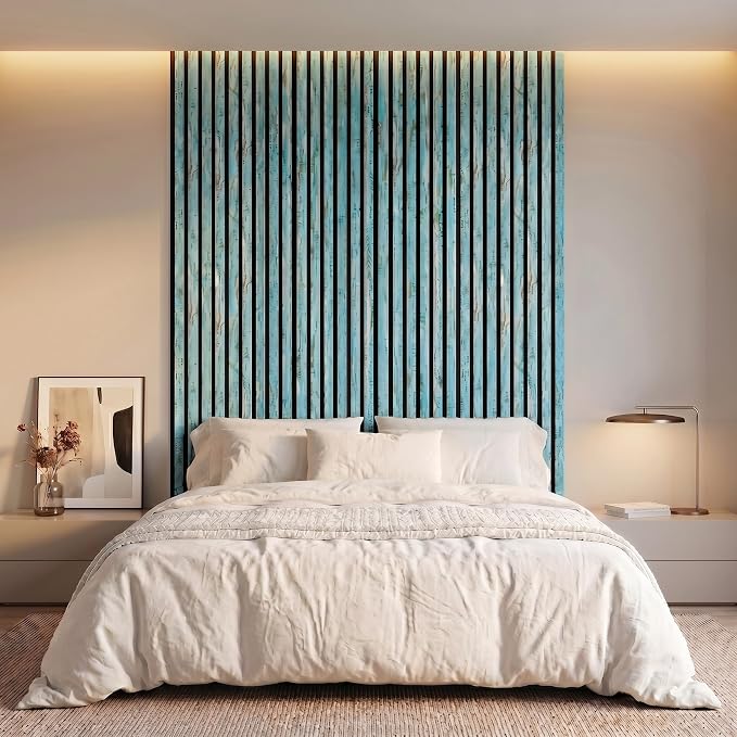 Wood Slat Acoustic Panels, 1-Piece 94.5"x12.6" Acoustic Wall Panels | Soundproof Wood Slat Wall Panels for Home Decor, Living Room, Bedroom, Office, Weathered Turquoise by Unknown