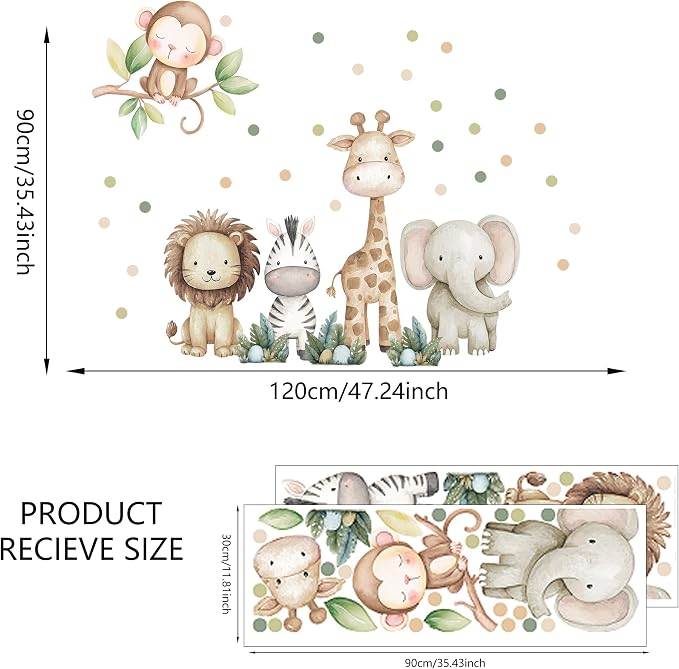 Safari Animals Nursery Wall Decal, Peel and Stick Nursery Mural Jungle Animals Lion, Elephant Wall Stickers for Kids, Boys and Girls Room, Bedroom & Toddler Room Decor (Boho Animal Dot Decals 59) - Image 2