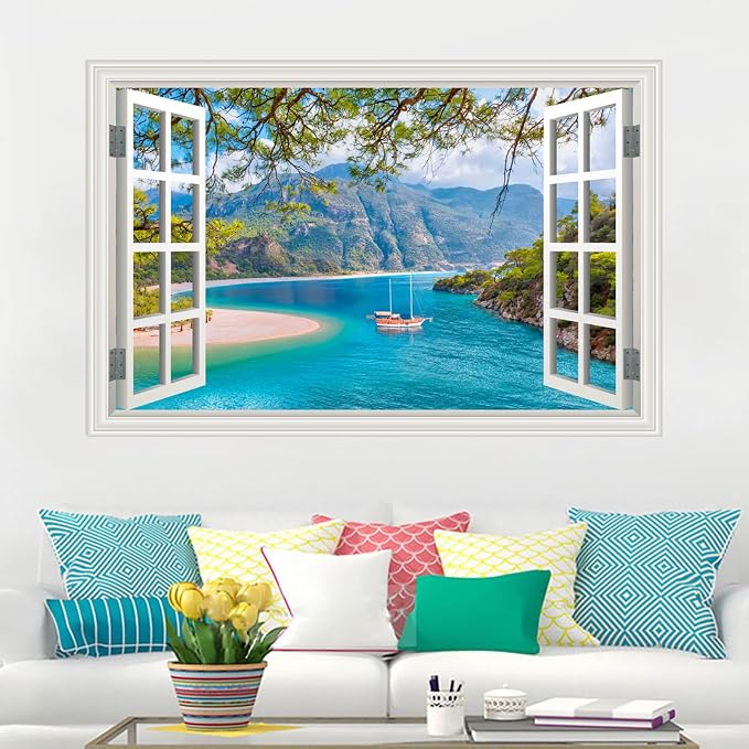 Fake Window Wall Decal- Beach Seascape Mountain Forest Open Wall Sticker | Faux Window Ocean Sailboat Natural Scenery Landscape Art Mural｜Stick and Peel Wall Decals｜for Room Office Scene Decor｜24"x16" - Image 5