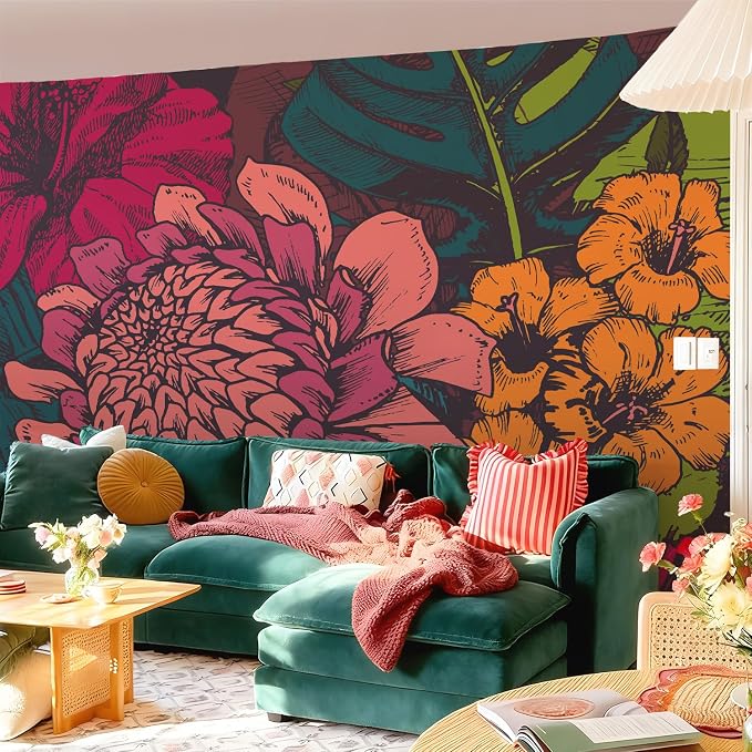 Floral Peel and Stick Wall Mural, Leather Textured Vintage Self-Adhesive Wallpaper for Bedroom Living Room Background Wall Decor, Vintage Flat Floral, Bright, 137.24'' x 98.03'' - Image 2