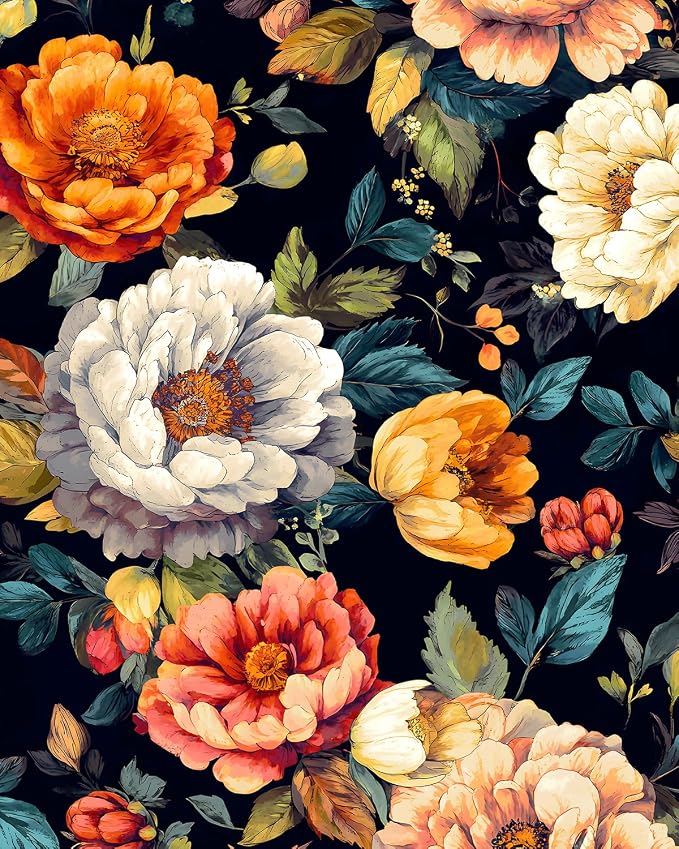BOKEBEVE Floral Wallpaper Peel and Stick Boho Colorful Black 17.5 x 118In | Removable Self Adhesive Renter Friendly Vintage Floral Wall Paper for Bedroom Bathroom Cabinet Drawer Feature Accent Wall by BOKEBEVE